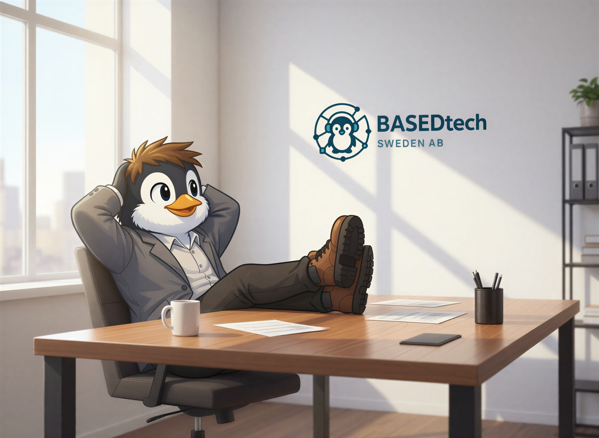 Basedtech-pingvin med fötterna på skrivbordet i ett ljust kontor